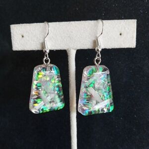 Geometric orgonite dangle earrings with selenite, iridescent glitter new resin